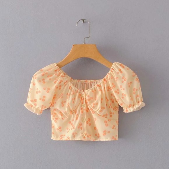 yellow orange bubble print ruched sweetheart neck short puff sleeve crop top - Picture 1 of 7